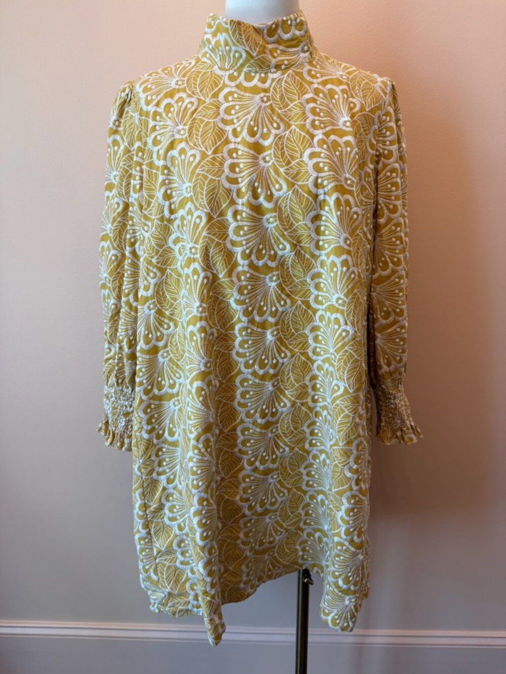 BURU Mustard Yellow Floral Cotton Button Front Dress Size L